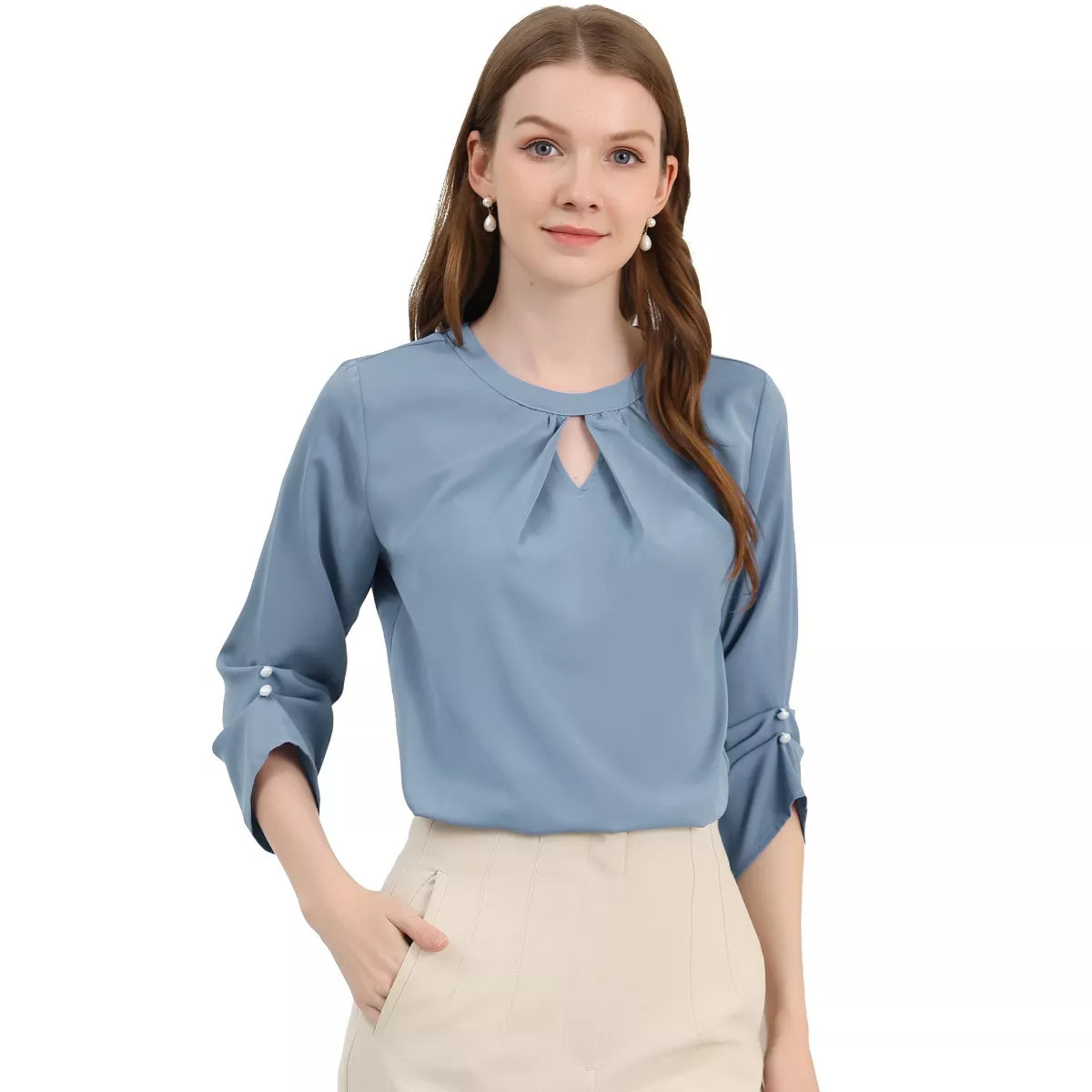 INSPIRE CHIC Women's Work Office Keyhole Pleated Front Ruched 3/4 Sleeve Chiffon Blouse Grey Blue... | Target