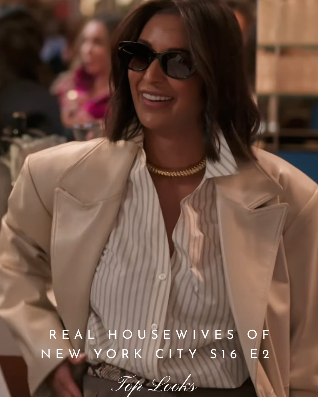 Real Housewives of New York Season 16 Top Looks / Not Linked: Jessel Taank’s Beige Coat and Daisy Toye’s Black Leather Jacket is by The Frankie Shop /