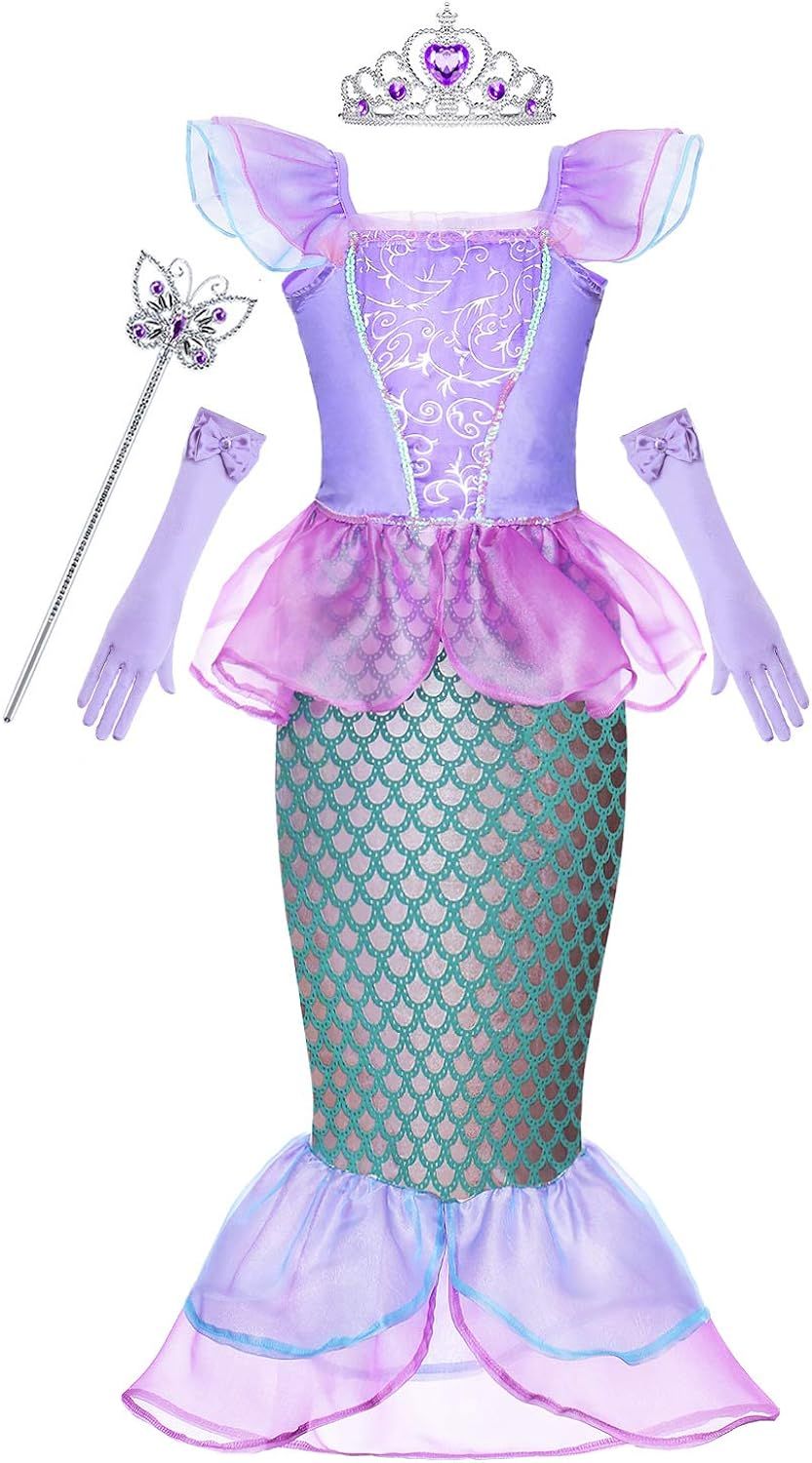 Cmiko Princess Generic Costume Little Girls Mermaid Dress Up with Tiara and Wand for Kids Party | Amazon (US)