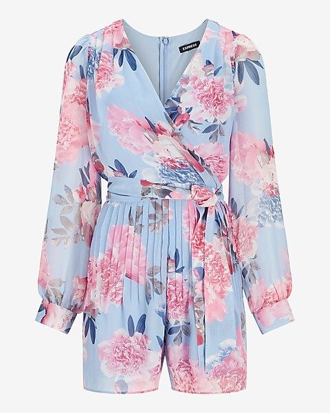 Floral Long Sleeve Pleated Wrap Front Romper | Express
