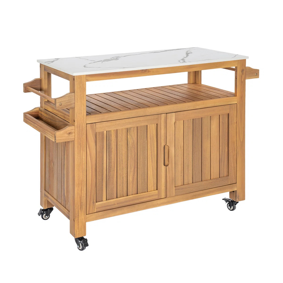 Ebern Designs Martel Modern Farmhouse Acacia Wood Outdoor Bar Cart with Marble-Effect Top & Stora... | Wayfair North America