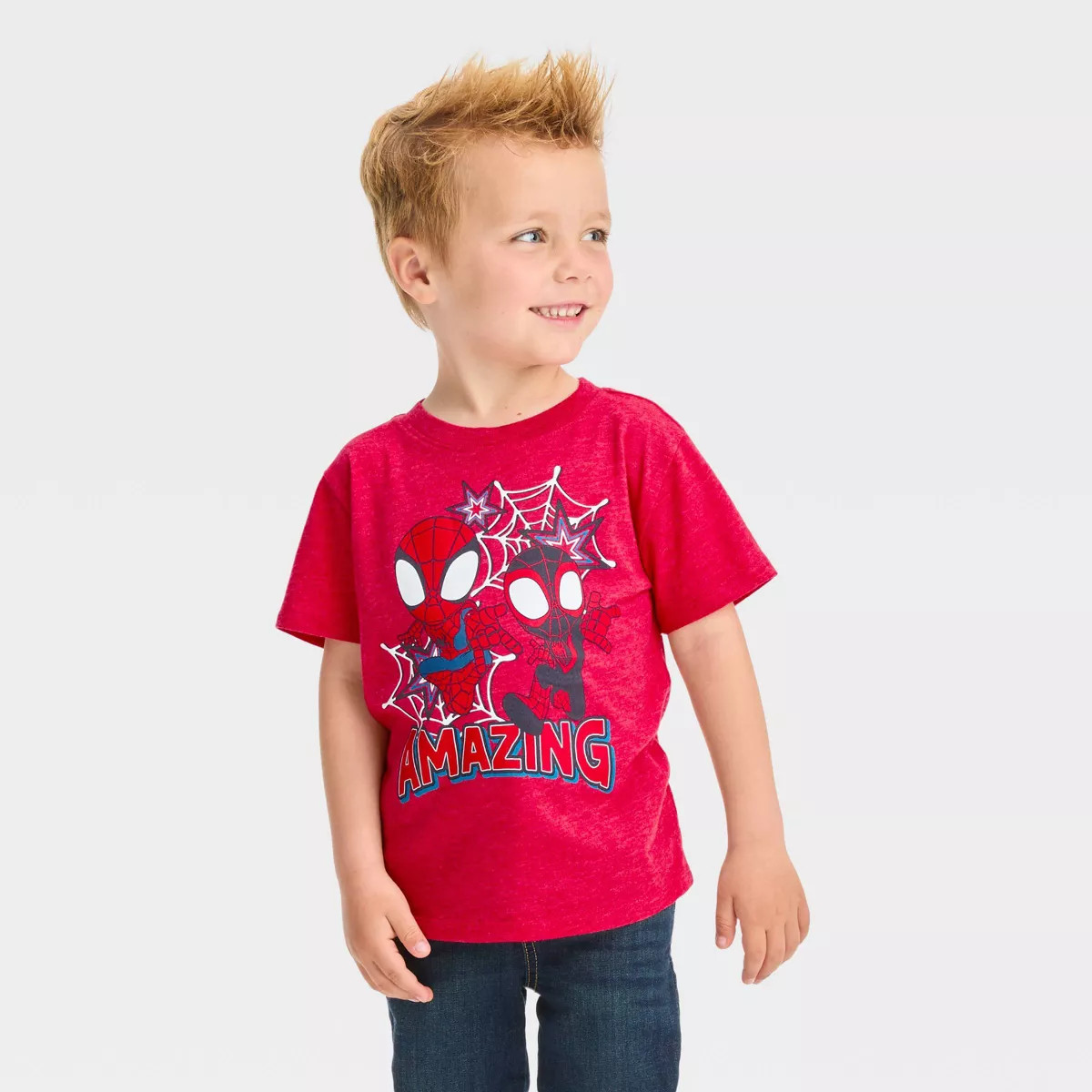 Toddler Boys' Marvel Spidey and Miles Solid Short Sleeve T-Shirt - Red 5T | Target