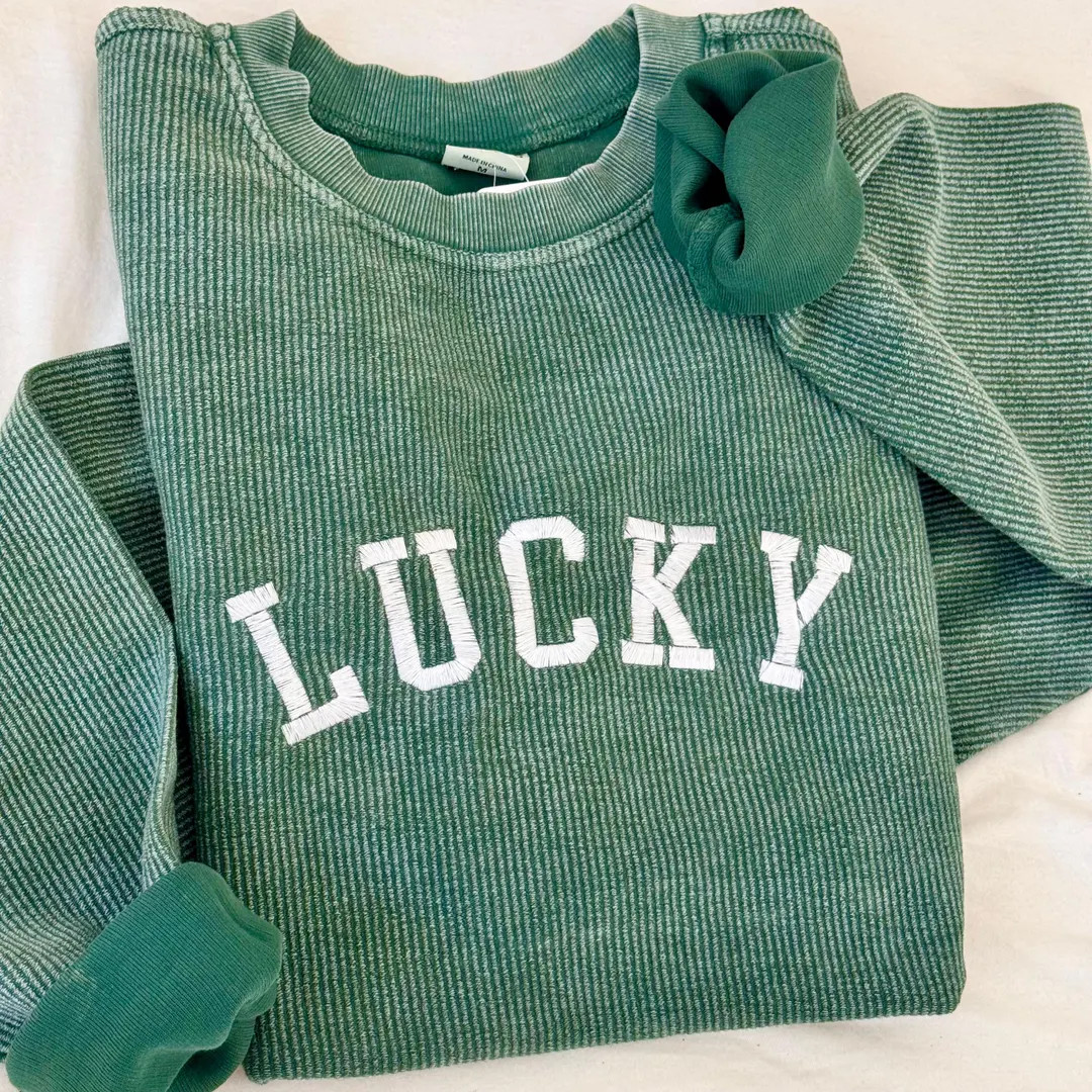 Embroidered St. Patricks Day Corded Sweatshirt, Varsity Crewneck, Lucky Waffle Knit Crewneck, Ext... | Etsy (US)