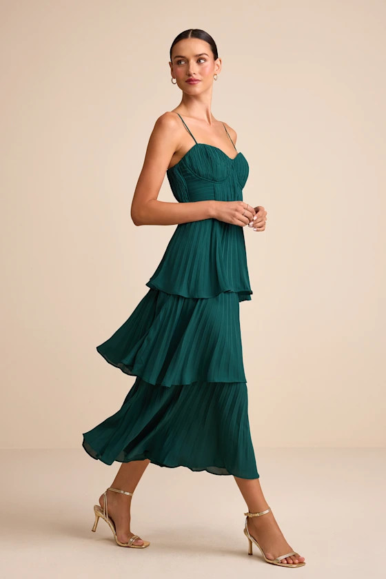 Cascading Crush Emerald Tiered Bustier Midi Dress | Lulus