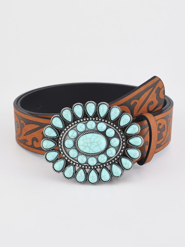 1pc Women Textured Turquoise Decor Vintage Oval Buckle Belt For Daily Life | SHEIN