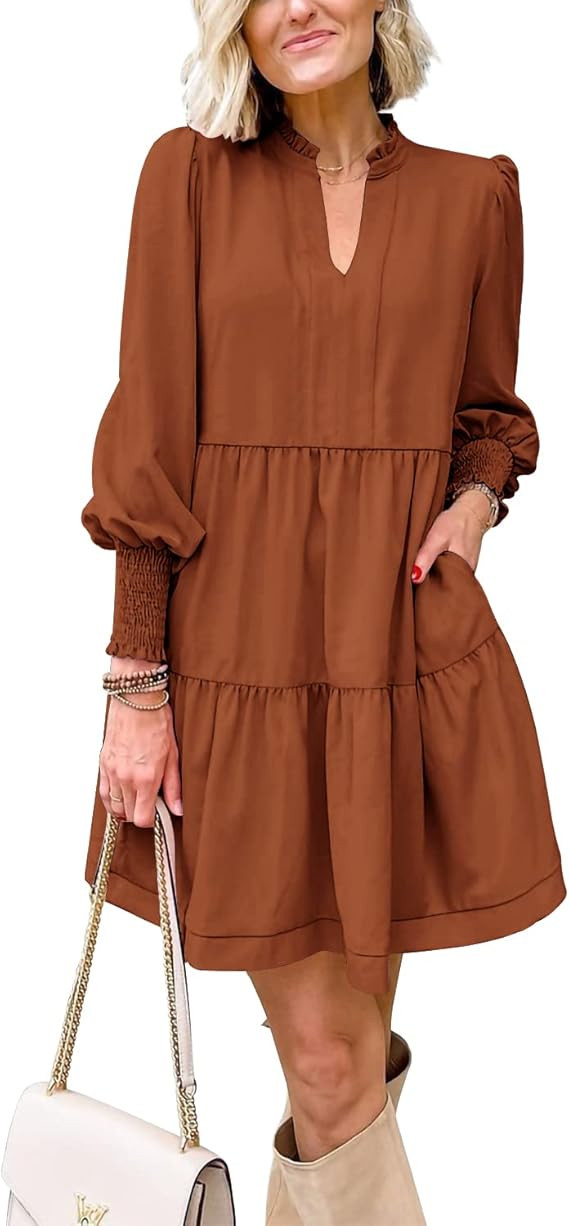 Imily Bela Womens Fall Long Sleeve Tunic Dress Casual V Neck Loose Ruffle Tiered Dress | Amazon (US)