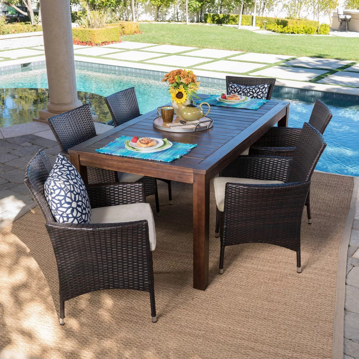 Lincoln 7pc Acacia Wood & Wicker Patio Dining Set - Dark Brown - Christopher Knight Home: Weather... | Target