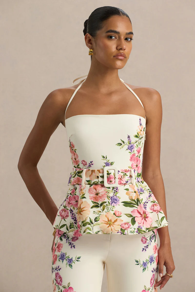 Maud  White Floral Border Print Square-Neck Tailored Top | Club L London