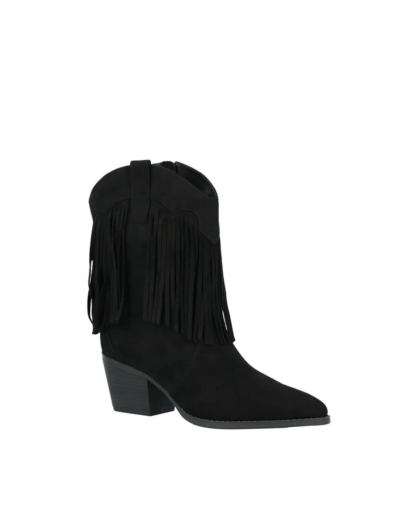 Time and Tru Women's Faux Suede Western Booties with Fringe | Walmart (US)