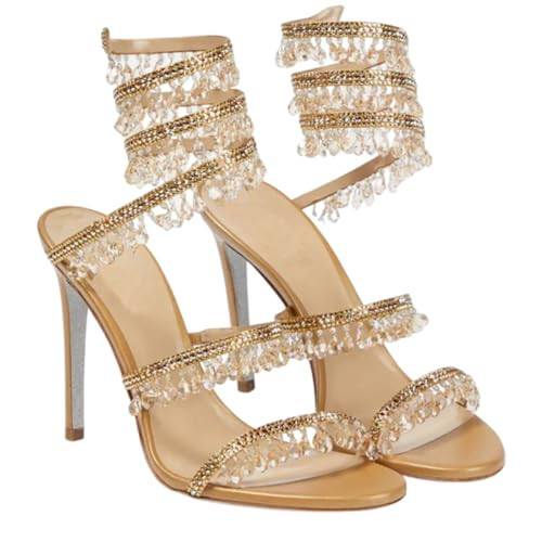 Rhinestone Tassel Wrap Around High Heels Stiletto Sandals for Women Colorful Diamonds Open Round Toe Lace up Heeled Sandals for Prom Wedding Banquet (Gold,9.5) | Amazon (US)