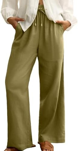 Straight Leg Linen Pants for Women Breathable Cotton Linen Pants with Pockets Wide Leg Drawstring... | Amazon (US)