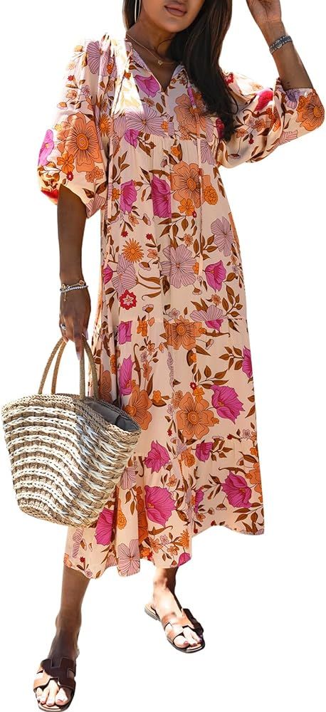 miduo Womens Loose Fit Casual Summer V Neck Half Sleeve Bohemian Geometric Pattern Maxi Long Dres... | Amazon (US)