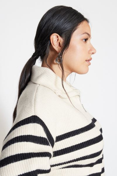 Rib-knit Half-zip Sweater - Cream/striped - Ladies | H&M US | H&M (US + CA)