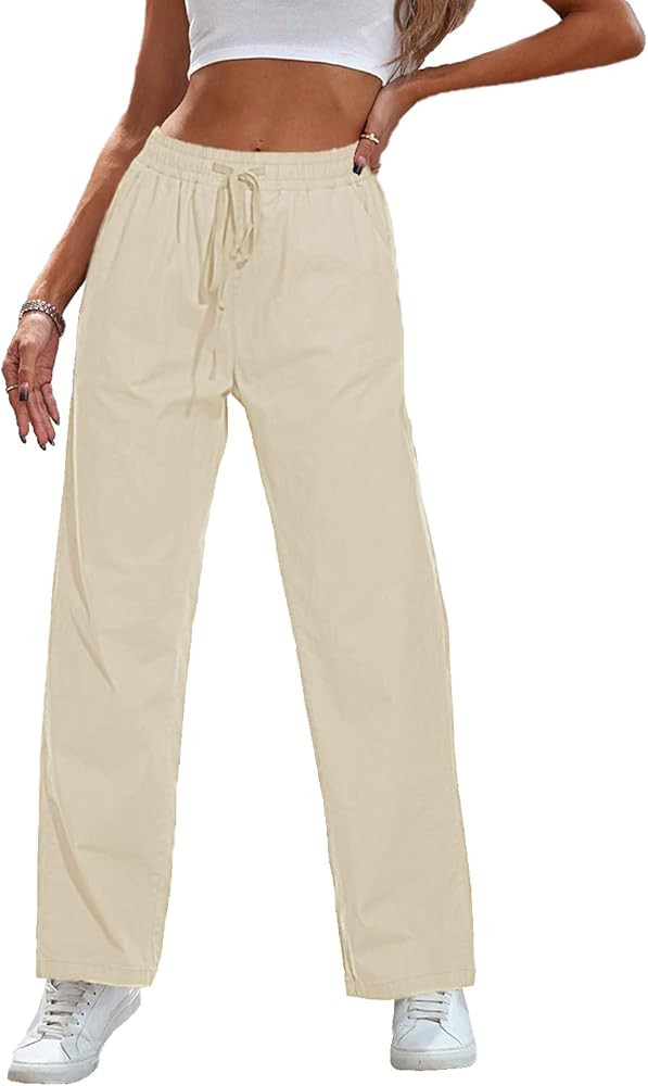 HVEPUO Womens High Waisted Casual Elastic Waist Drawstring Twill Pants Straight Leg Lightweight C... | Amazon (US)