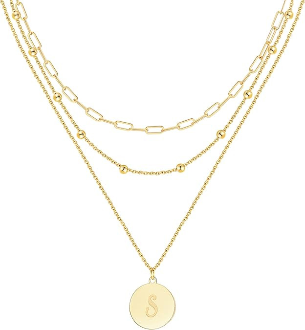 KSF Gold Layered Necklaces for Women Trendy - 14K Gold Plated Layered Choker Initial Letter Coin ... | Amazon (US)