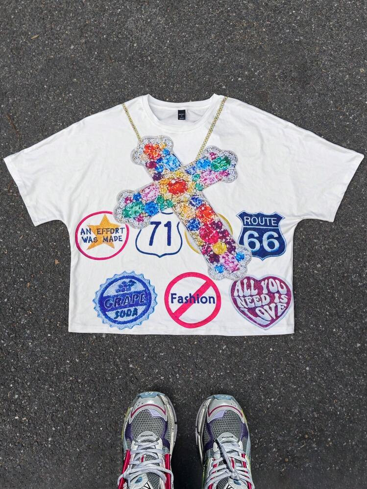 Manfinity Streetrush Men Oversized Colorful Diamond Cross Pattern Funny Letter Graphic, INS Stree... | SHEIN