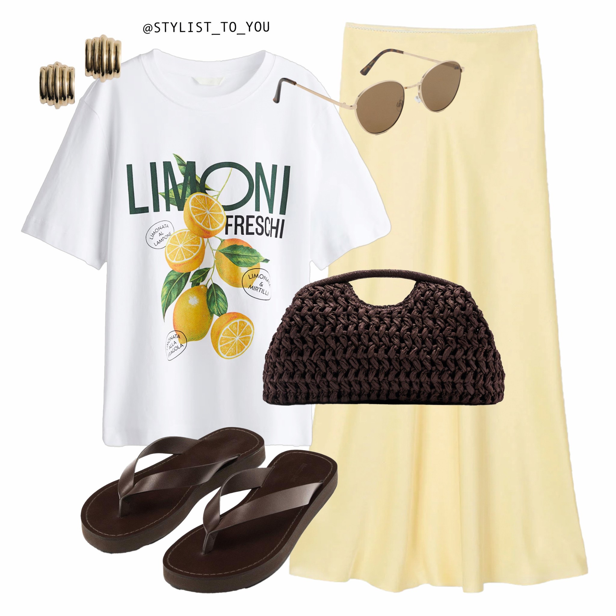 Lemon summer 🍋💛

Flat lay of a lemon-themed summer outfit including a white graphic tee with lemon illustrations, pale yellow midaxi long skirt, dark brown flip-flops, brown woven raffia clutch bag, gold hoop earrings, and rayban sunglasses. lemon print, graphic tee, summer skirt, yellow skirt, beach look, brunch outfit, European summer, chic style, flip-flops, dark brown accessories, cat-eye sunglasses, gold hoops, fresh outfit, lemon fashion, fruit graphic, casual elegance, minimal style, woven bag, natural textures, vacation outfit, summer fashion, midi skirt, summer chic, relaxed look, effortless style, summer in Italy, aesthetic outfit, fashion inspiration, warm weather outfit, airy outfit, stylish comfort, summer accessories, bold print tee, citrus style, Italian vibes, picnic chic, trendy tee, boho style, fresh and light, neutral accents, yellow and brown

#LTKspring #LTKsummer #LTKuk