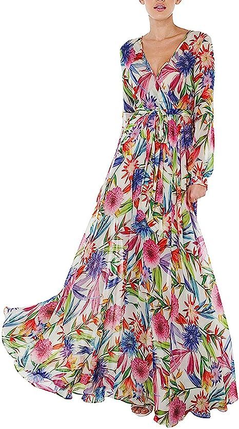 ASMAX HaoDuoYi Women's Tropical Floral Print Pleated Tunic V Neck Wedding Maxi Dress | Amazon (US)