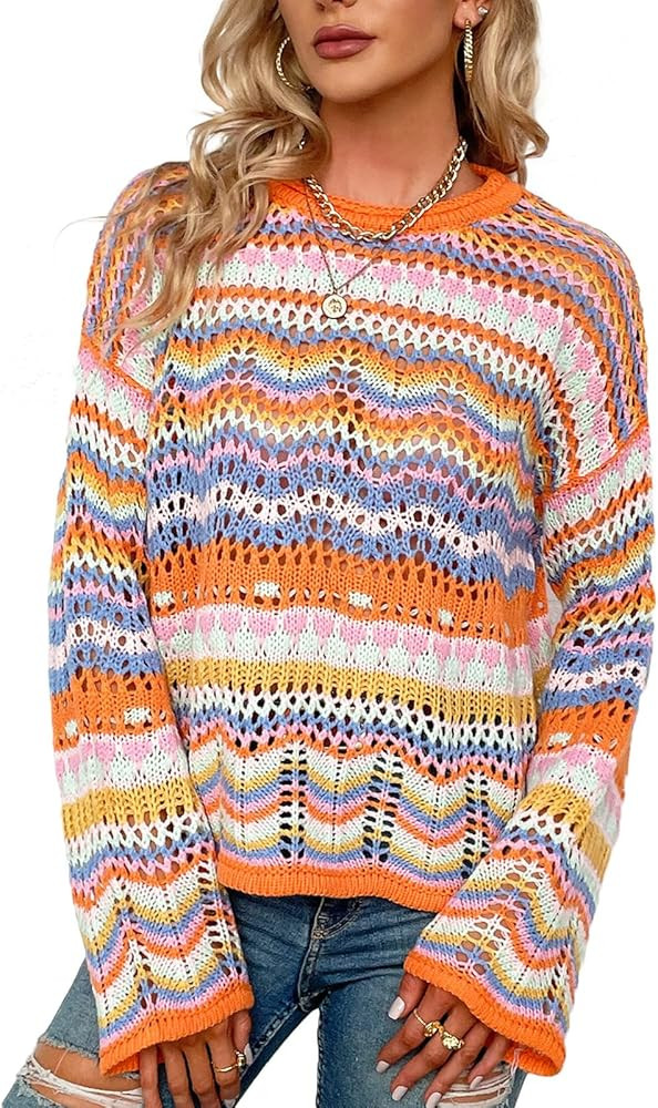 Rixiland Women Crochet Sweaters Striped Long Sleeve See Through Knit Casual Jumper Hollow Out Pul... | Amazon (US)
