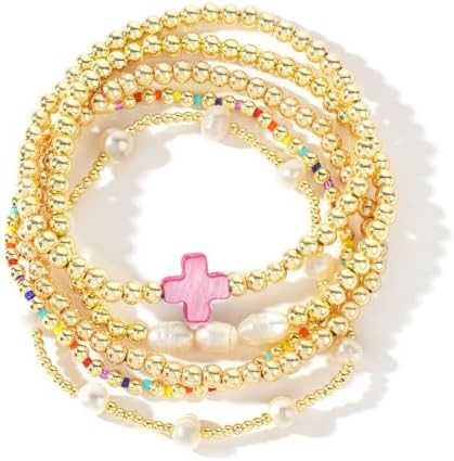 14K Gold Pearl Beaded Cross Bracelets Stack Set for Women,Stretch Boho Colorful Christian Beads B... | Amazon (US)