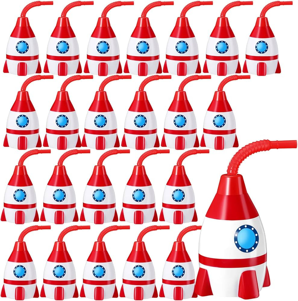 Tanlade Space Cups Bulk Plastic Rocket Shape Cups Rocket Bottles with Straws Universe Themed Part... | Amazon (US)