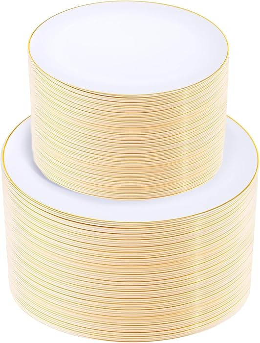 KIRE 200PCS Gold Plastic Plates - Disposable Plates for Party - White Plastic Plates with Gold Ri... | Amazon (US)