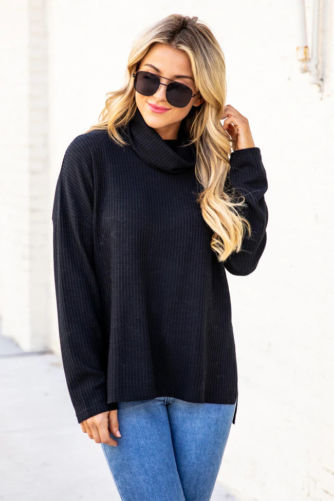 Looking For Yourself Black Waffle Knit Turtleneck  Blouse | Pink Lily