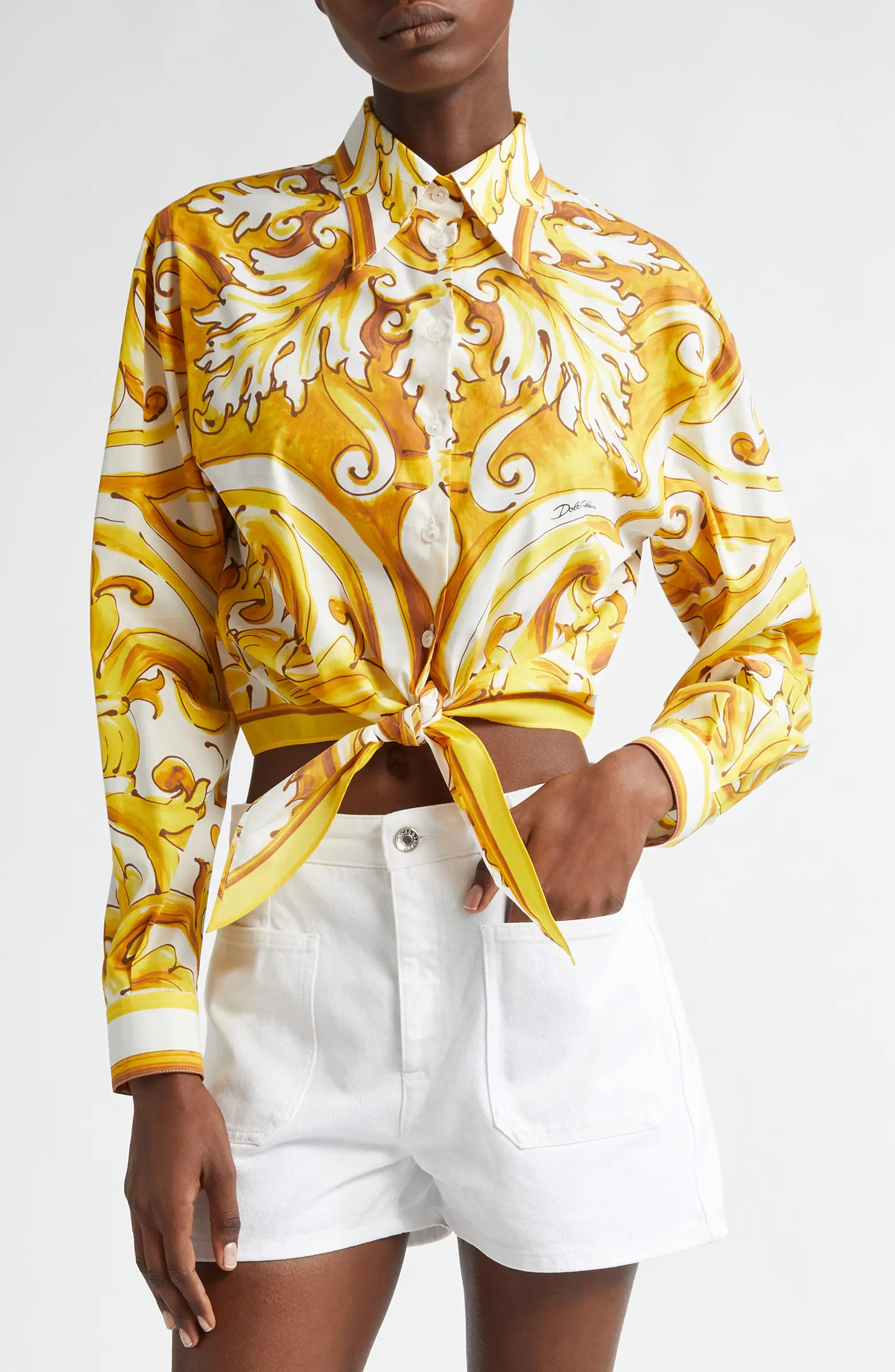Majolica Tie Hem Cotton Button-Up Shirt | Nordstrom