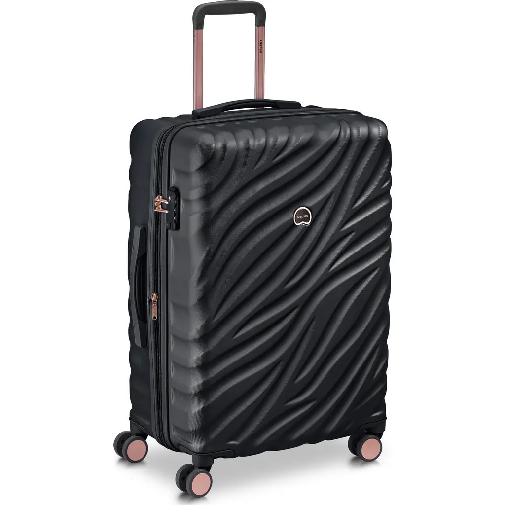 Delsey Paris Alexis Hardside 25-Inch Medium Checked Expandable Spinner Luggage in Black/rose Gold at Nordstrom | Nordstrom
