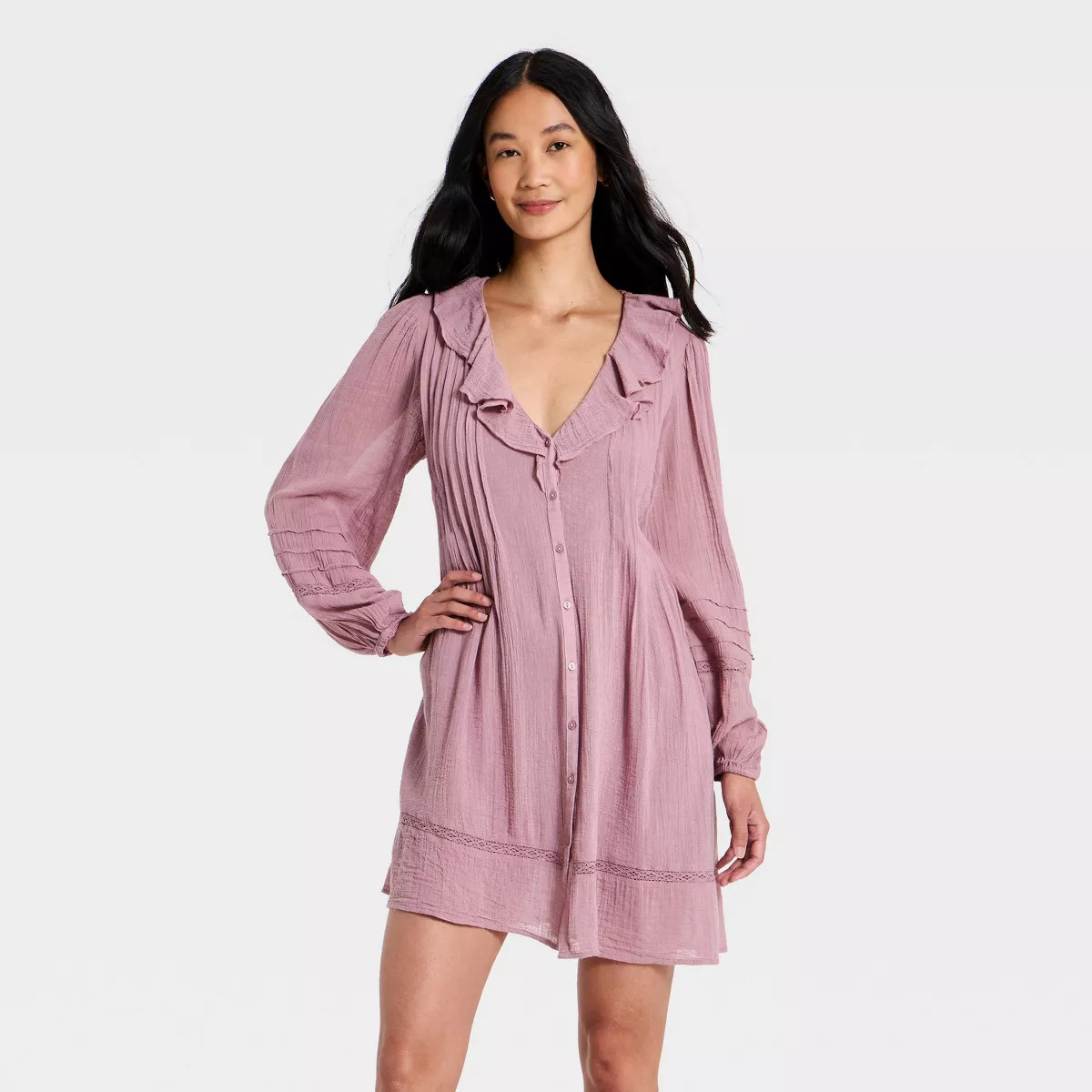 Women's Long Sleeve Ruffle Mini Dress - Universal Thread\u2122 Mauve S | Target