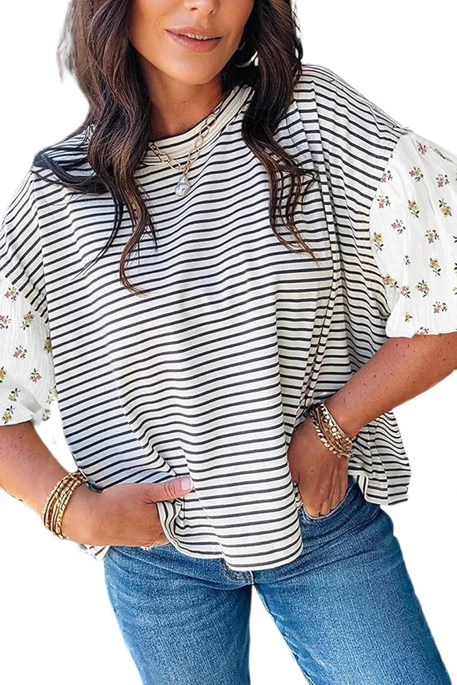 Women's Stripe Floral Puff Sleeve Patchwork Round Neck Loose Top 2026 Summer Cute Casual Blouse | Amazon (US)