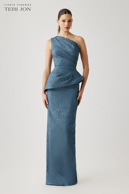 Metallic Jacquard One Shoulder Side Drape Peplum Gown | TERI JON