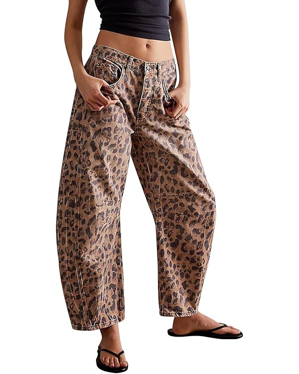 Women Leopard Barrel Jeans Casual Wide Leg Baggy Pants Y2k Boyfriend Mid Rise Denim Ankle Pants | Amazon (US)