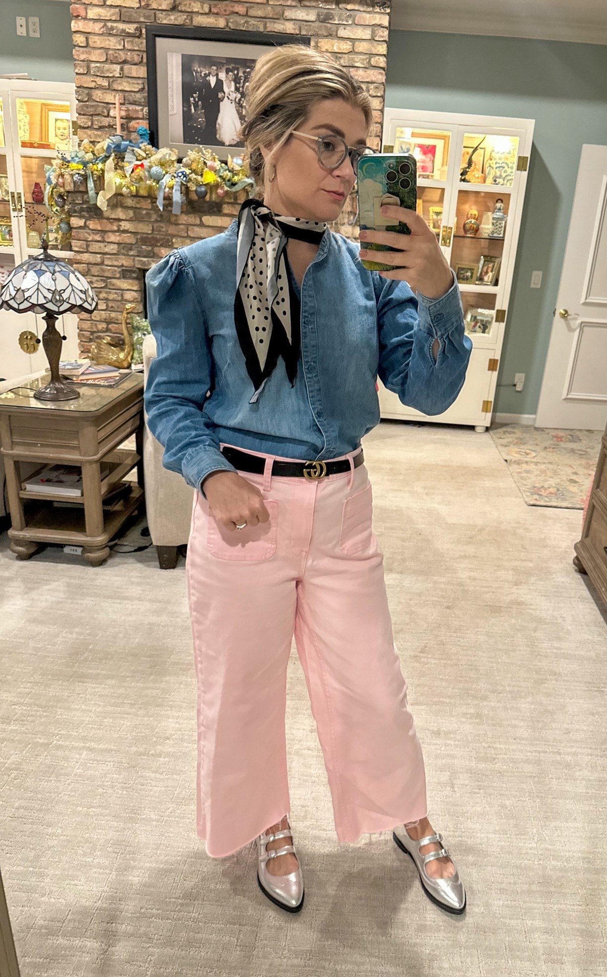 Styling my sister today- so proud she put this together herself! But it makes sense we have similar fashion taste. #metallicflats #scarf #polkadots #denim #pink 

#LTKmomlife #LTKootd #LTKOver40