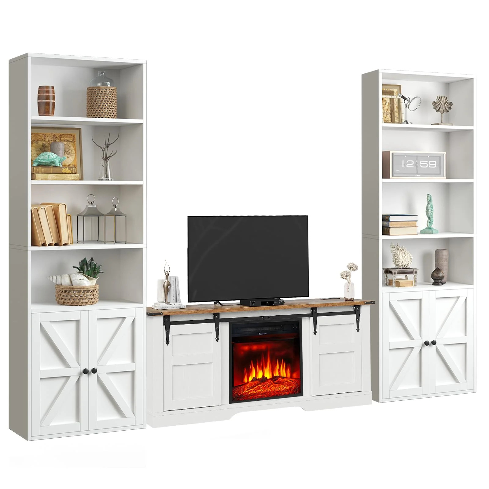 Oneinmil 6-Tier Bookcase Set of 2 and 58” Fireplace TV Stand, Farmhouse Living Room 3-Piece Set... | Walmart (US)