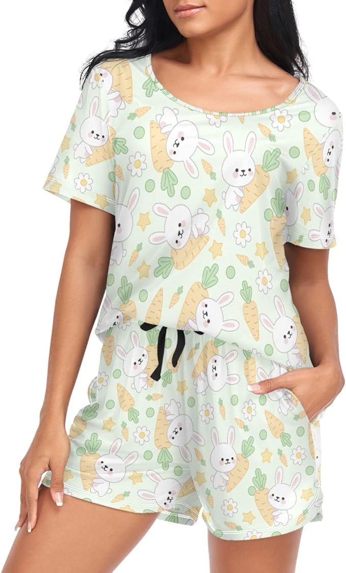 Oarencol Women's Pajama Set Rabbits Carrots Flowers Stars Short Sleeve Sleepwear Soft Pjs Lounge ... | Amazon (US)