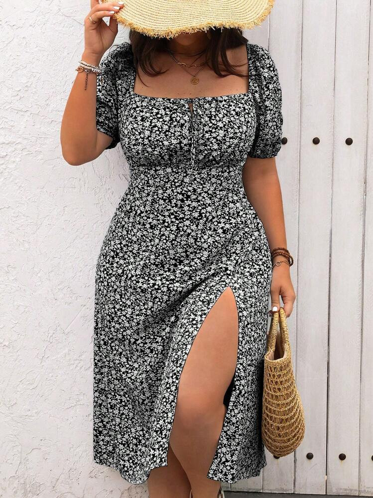 Plus Size Women's Boho Random Print Square Neckline Dress Women Outfit Vacation Dresses Women Dress For Summer | SHEIN