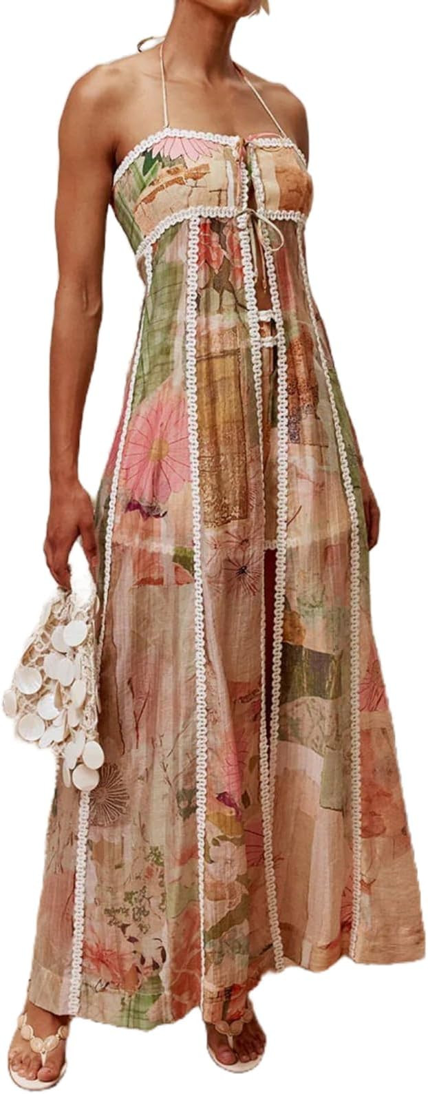 REASERAL Women's Vintage Print 2 Piece Outfit Halter Neck Lace Trim Maxi Cover Up Top Mini Shorts... | Amazon (US)