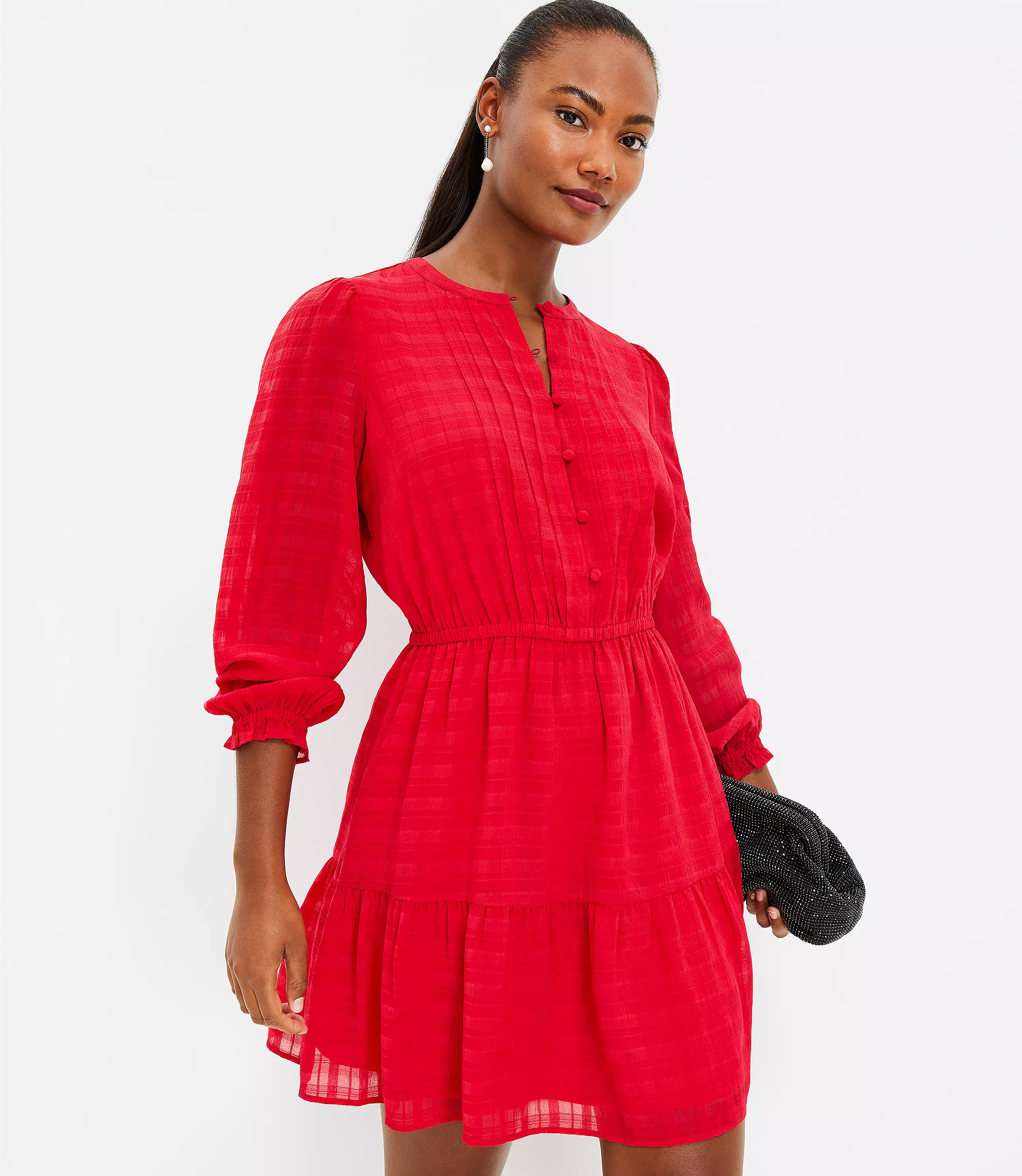 Plaid Pintucked Tiered Flare Dress | LOFT