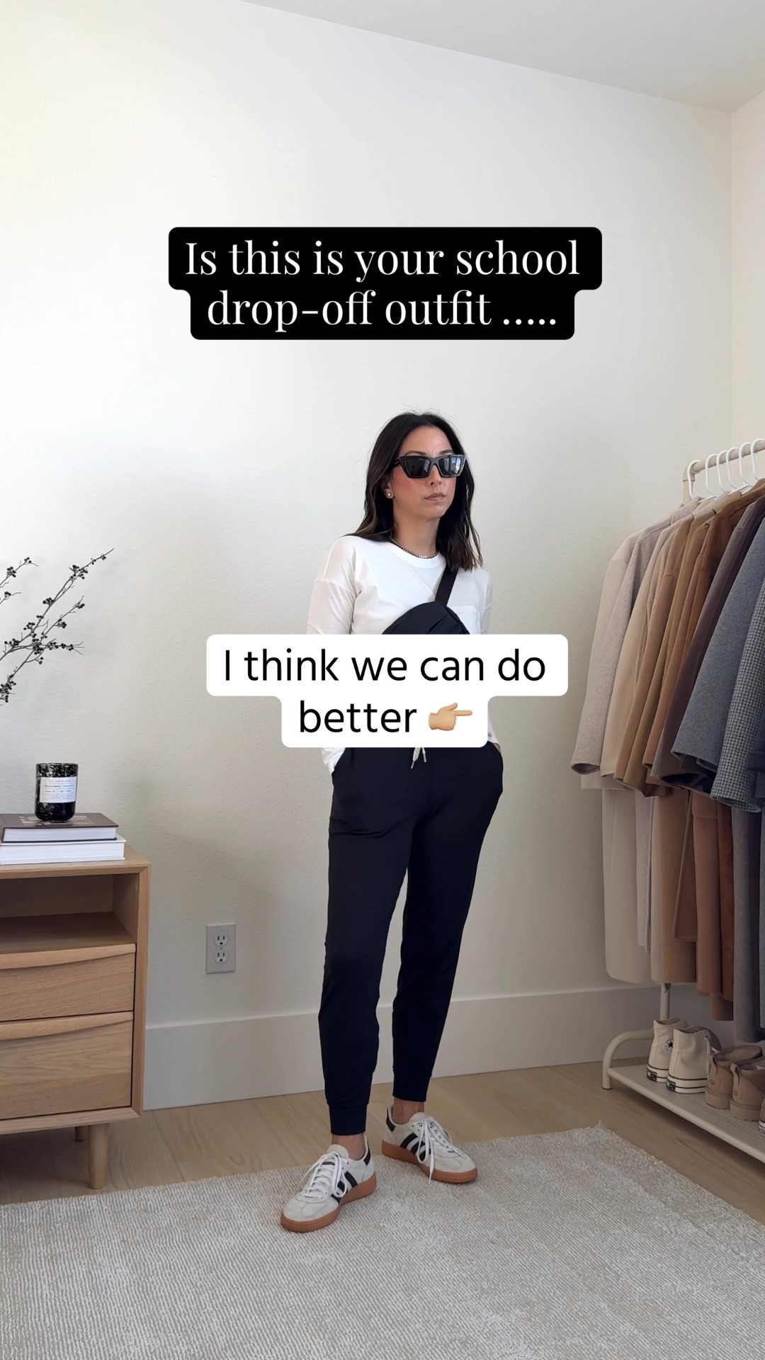 Instead of this, try this - School drop off outfits. You can still look put together while stay comfortable. 

Look 1
Alex Mill cardigan small
Everlane tee medium
Old Navy leisure pants petite small, but run tts
Adidas SL72 Sneakers 5 womens
Mansur Gavriel tote
YSL sunglasses
Blue Nile earrings

Look 2
Polo Sweatshirt small
Jenni Kayne sweaters xs 
Amazon socks
New Balance 530's 4 mens
Gap hat
Mansur Gavriel tote
Blue Nile earrings

Look 3
Gap jacket petite xs
Everlane tee medium
Frank & Eileen sweats small
Adidas SL72 Sneakers 5 womens
Mansur Gavriel tote
Fine Art hat (old, linked similar)


Look 4
Varley pullover small, but runs tts
Varley pants xs 28" inseam
Polo Ralph Lauren hat
Everlane tee medium
Dorsey James necklace 15"
New Balance 530's  4 mens
Cuyana tote small Stone color


#LTKmomlife #LTKPetite