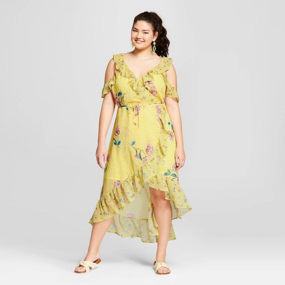 Women's Plus Size Floral Print Cold Shoulder Wrap Dress - Xhilaration Yellow 2X | Target