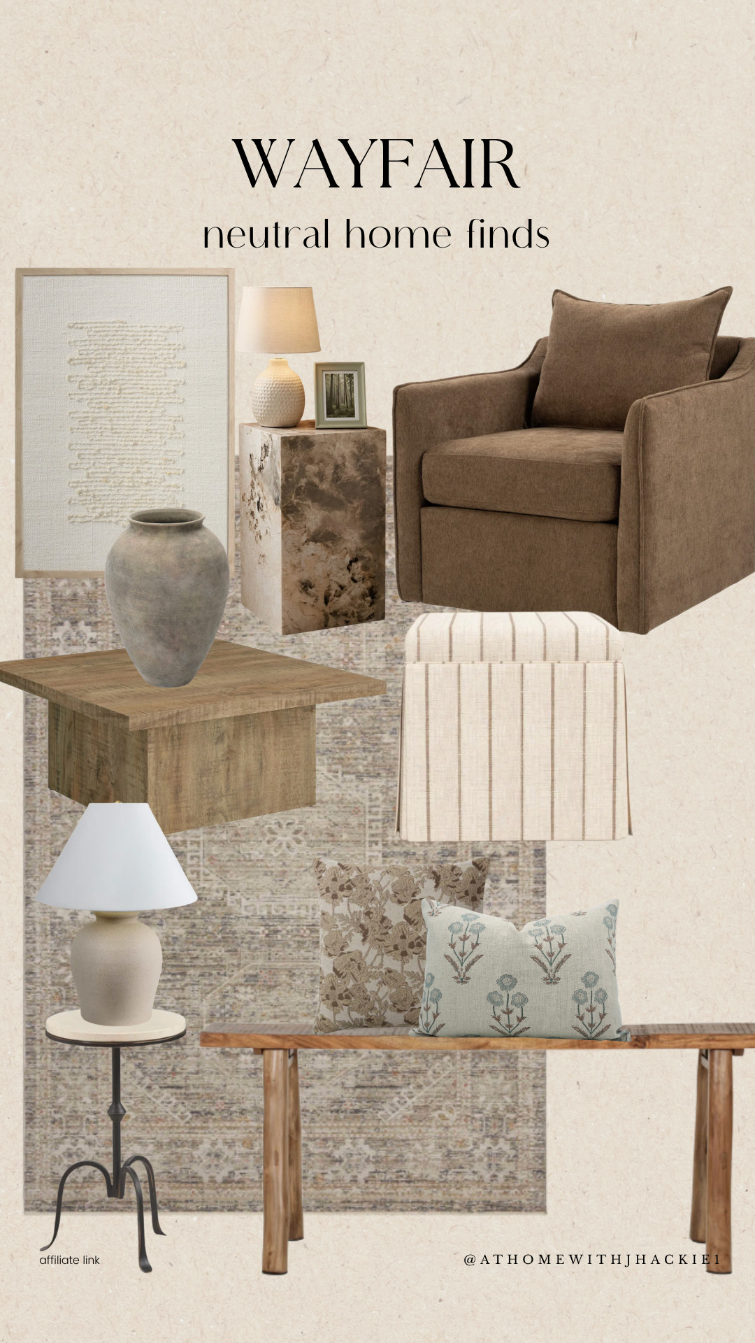 Wayfair neutral home decor, Wayfair home decor, Wayfair finds, neutral furniture, modern organic decor, cozy living room ideas, accent chair, linen ottoman, textured wall art, decorative vase, wood side table, marble pedestal, neutral throw pillows, ceramic lamp, bench styling, area rug, home styling ideas, warm neutral home, timeless home decor, affordable home decor

#LTKHome