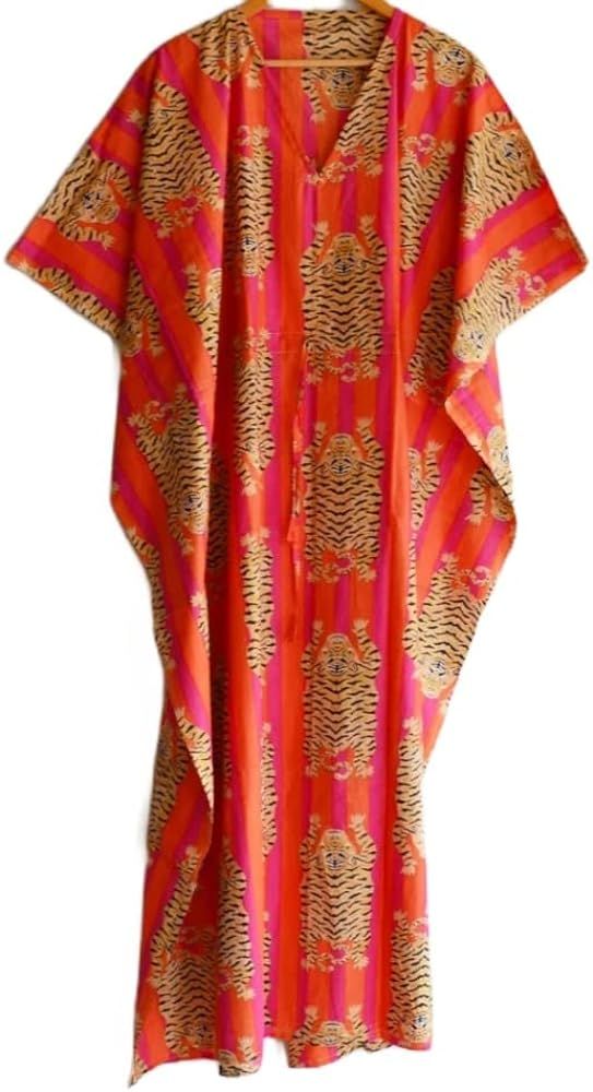 Tiger Print Indian Handmade Kaftan Dress Long Top Caftan, Dress Beach Cover up, Tiger Hand Block ... | Amazon (US)