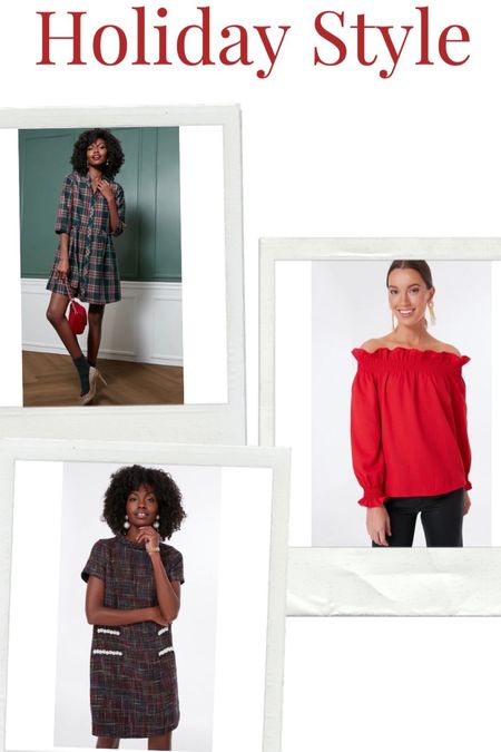 Holiday outfit ideas! We adore this Highland Plaid Mini Shirt Dress, Red Off The Shoulder Ruffle Blouse or Tweed Dress for holiday parties! #holidaydress #holidayoutfit #christmas #plaid #red 

#LTKstyletip #LTKSeasonal #LTKHoliday