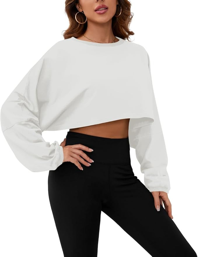 Meladyan Women Long Sleeve Crewneck Crop Top Tee Shirt Sweatshirt Casual Solid Loose Fit Workout ... | Amazon (US)