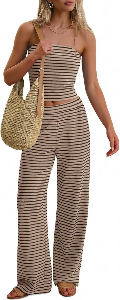 ANRABESS Women 2 Piece Sets Summer Striped Outfits Matching Tube Top Wide Leg Lounge Pants 2026 T... | Amazon (US)