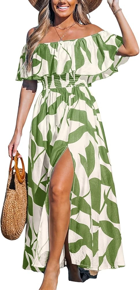 CUPSHE Women Ruffle Floral Maxi Summer Dress Off Shoulder Short Sleeve Backless Flounce Bodice Sl... | Amazon (US)