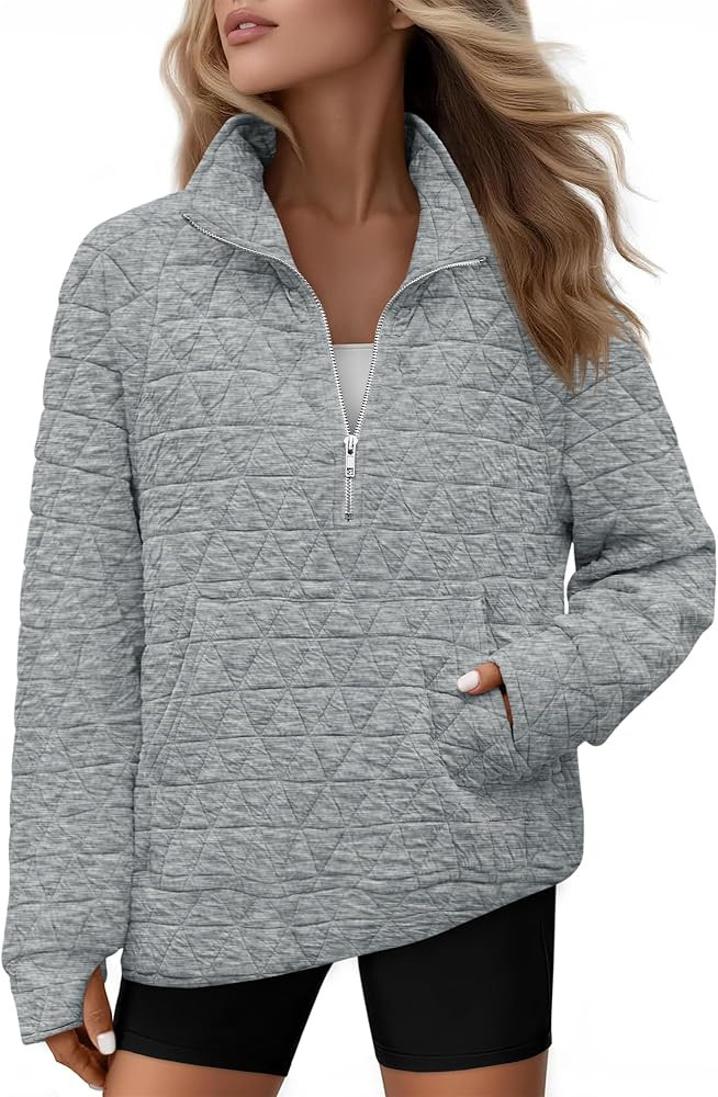 Womens Long Sleeve Quarter Zip Pullover Quilted Sweatshirt Casual Loose V Neck Collared Thumb Hol... | Amazon (US)