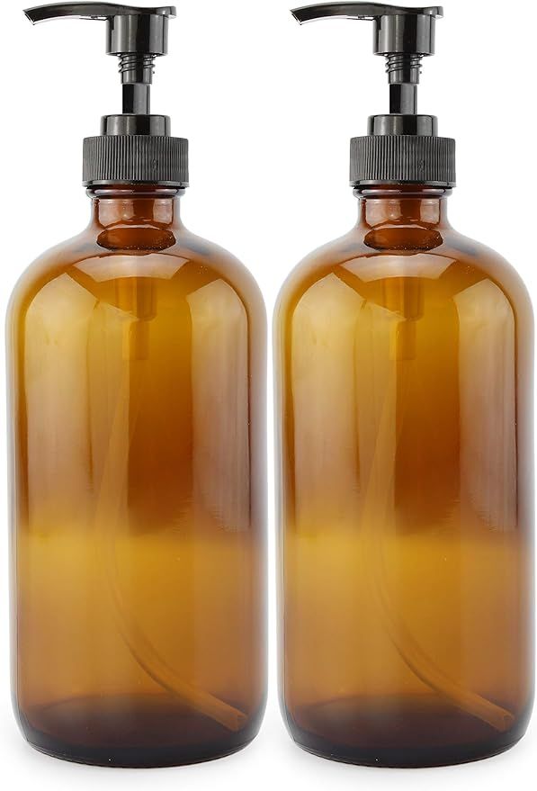 16-Ounce Amber Glass Bottles w/ Pump Dispensers (2-Pack); Refillable Lotion Liquid Soap Pump Brow... | Amazon (US)