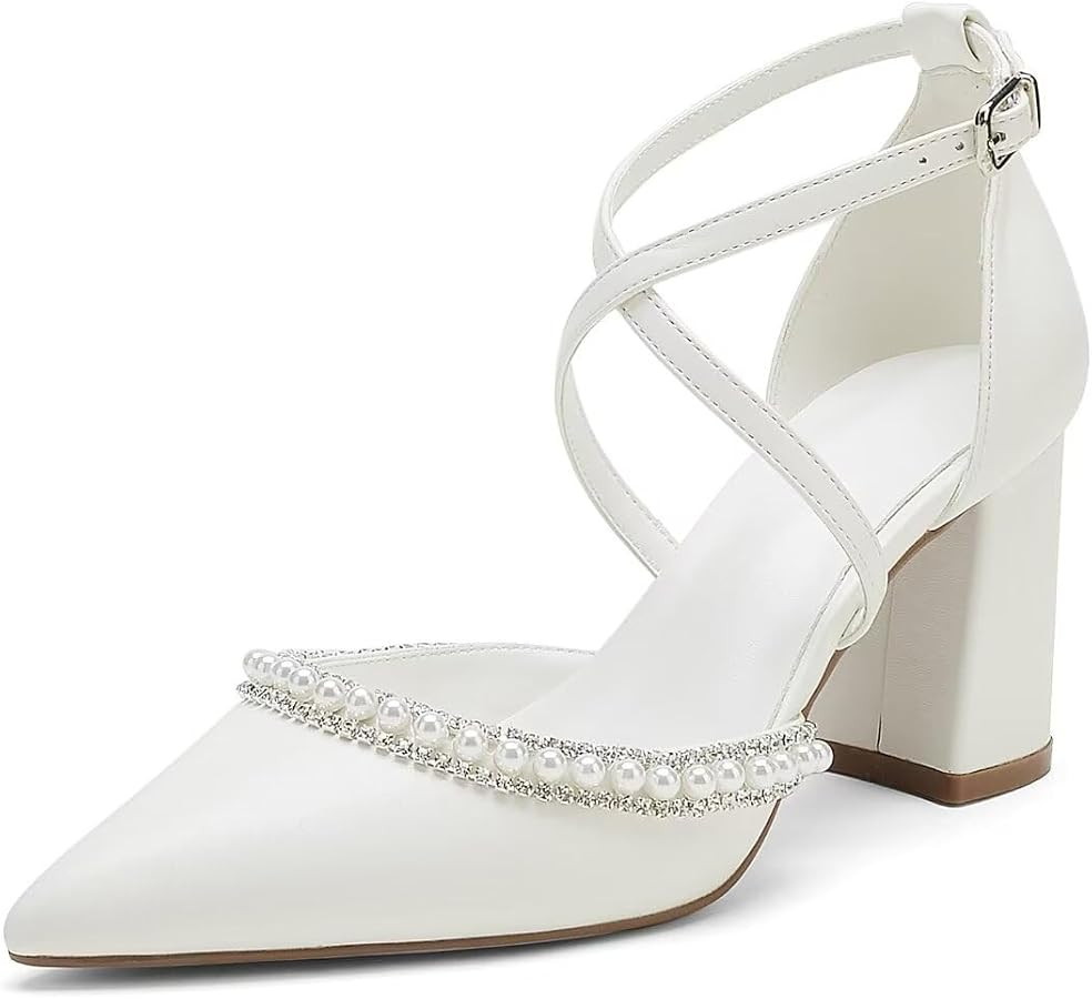 High Block Heel Wedding Shoes for Bride Closed Toe Pearl Bridal Shoes Women Chunky Heels | Amazon (US)